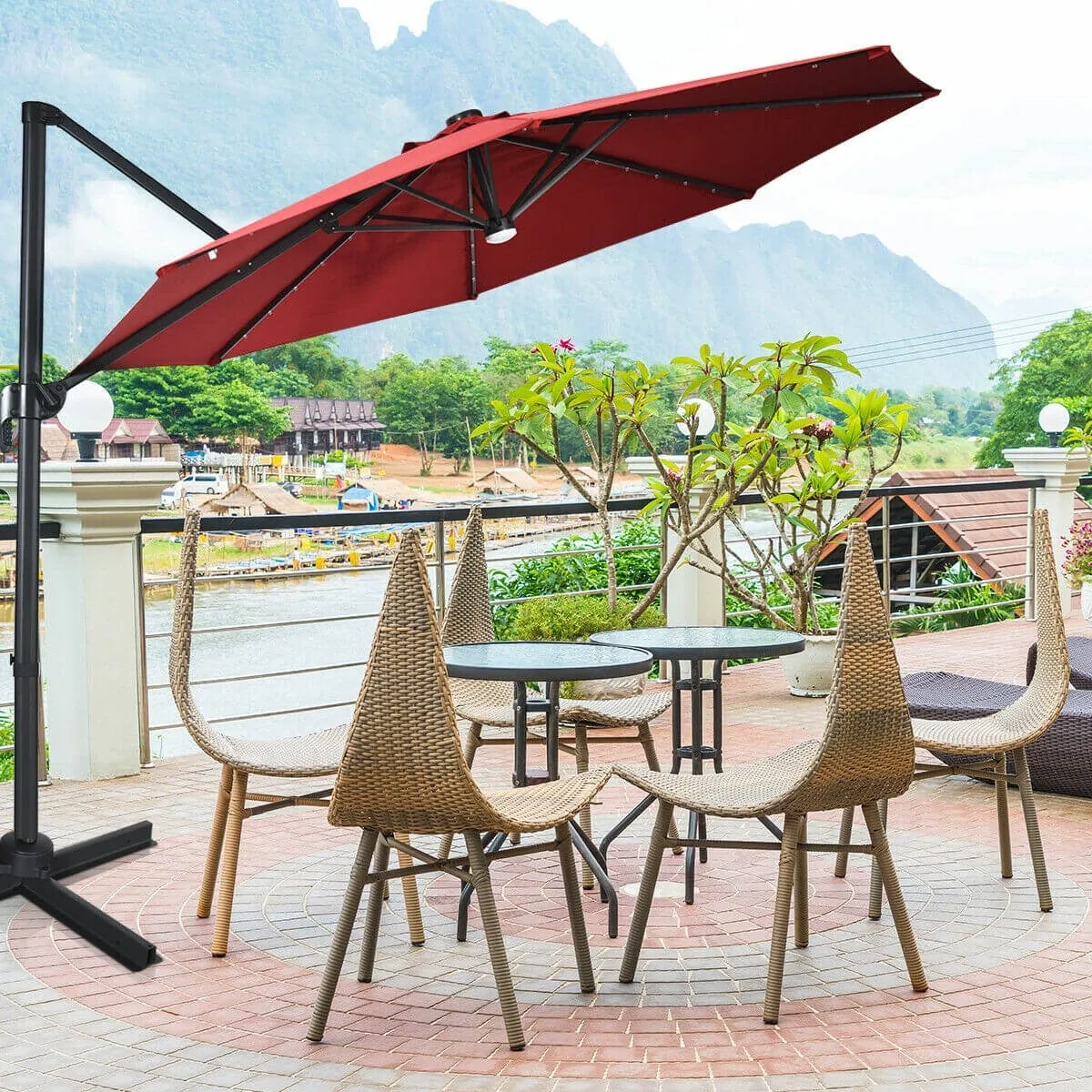 10 Ft. Patio Offset Cantilever Umbrella with Solar Lights - Wine