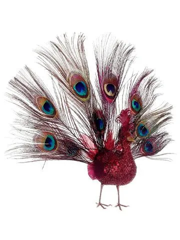 10" Regal Peacock Glitter Drenched Vibrant Red Open-Tail Bird Christmas Ornament