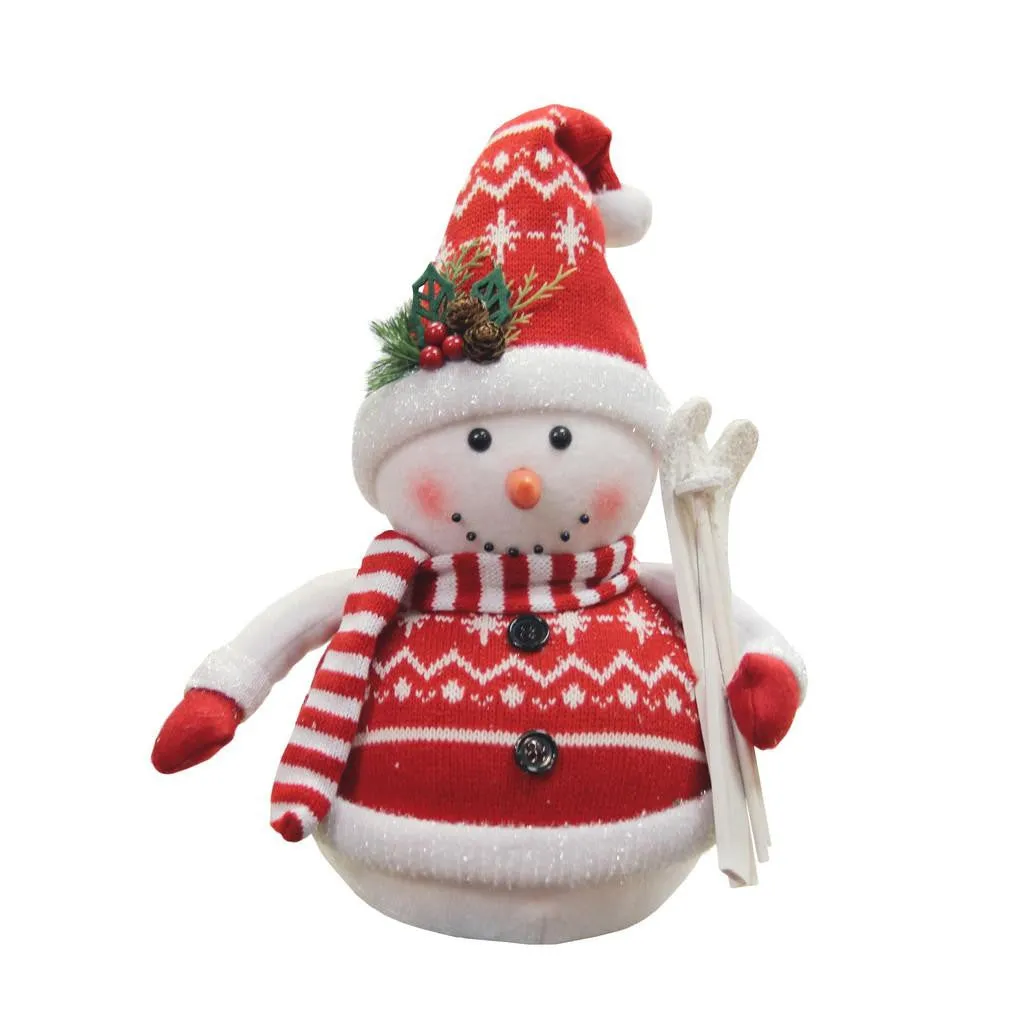 12" Alpine Chic Red and White Sparkling Snowman with Skiis Christmas Decoration