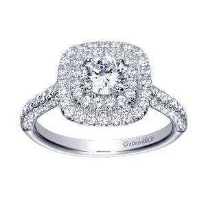 14K White Gold Round Double Halo Diamond Engagement Ring-