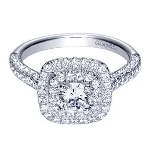 14K White Gold Round Double Halo Diamond Engagement Ring-