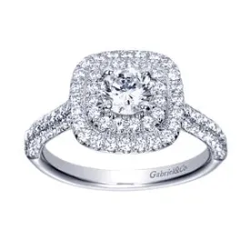 14K White Gold Round Double Halo Diamond Engagement Ring-