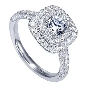 14K White Gold Round Double Halo Diamond Engagement Ring-