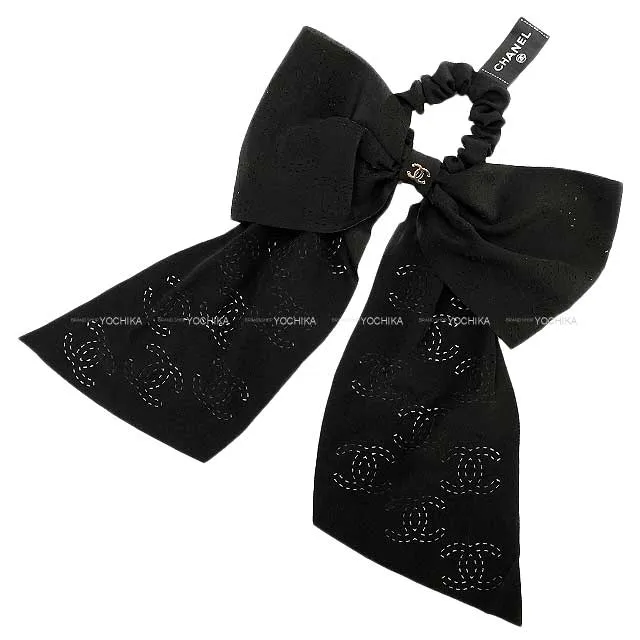 2023 AW CHANEL hair accessories Scrunchie Ribbon punching COCO mark Noir (Black) Silk Champagne Gold HW AA9460[BRAND NEW][Authentic]