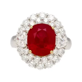 6.39 Carat Vivid Red "Pigeons Blood" Oval Cut Burma Ruby and Diamond Ring