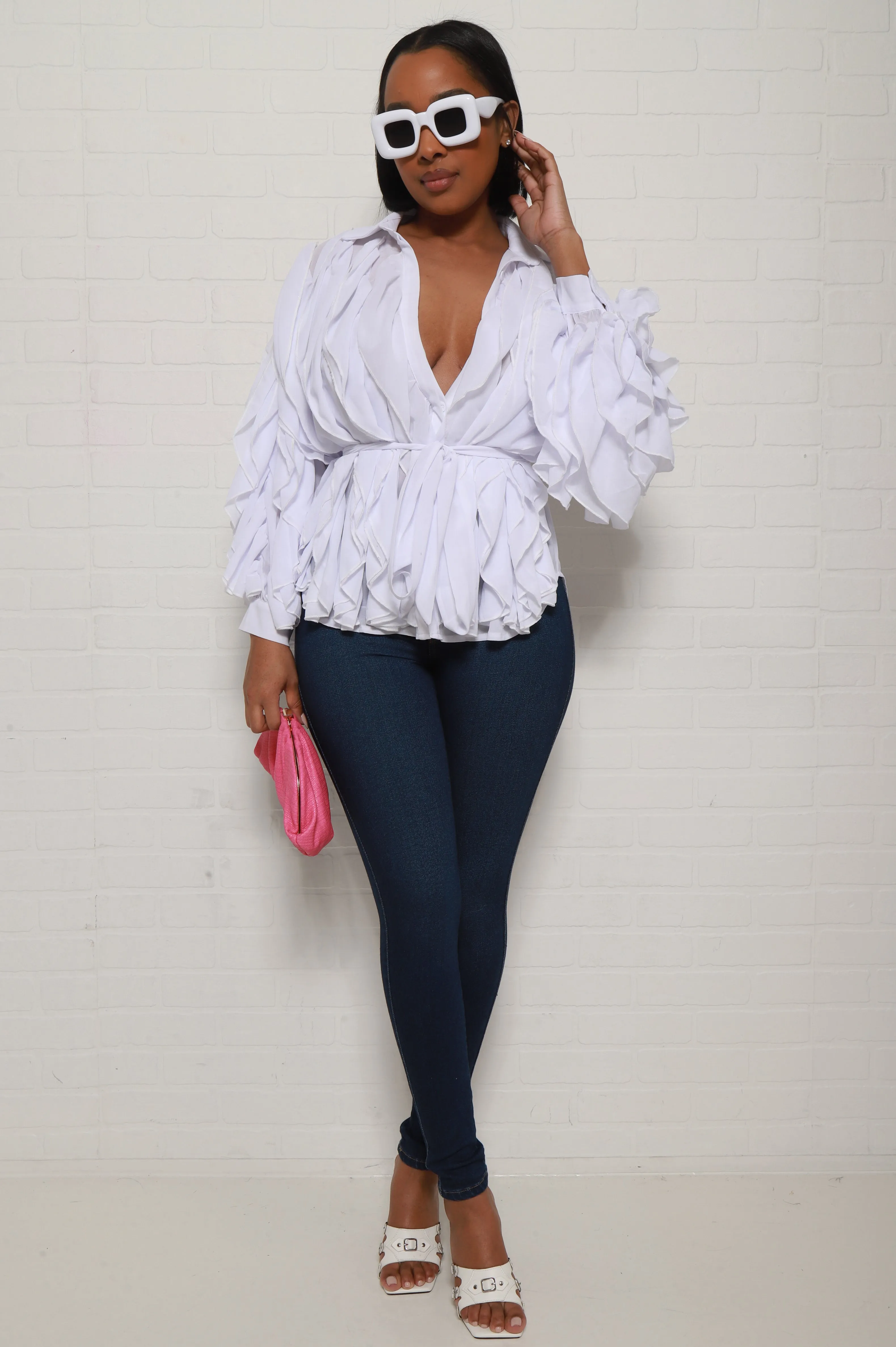 Alone Together Belted Ruffled Top - White