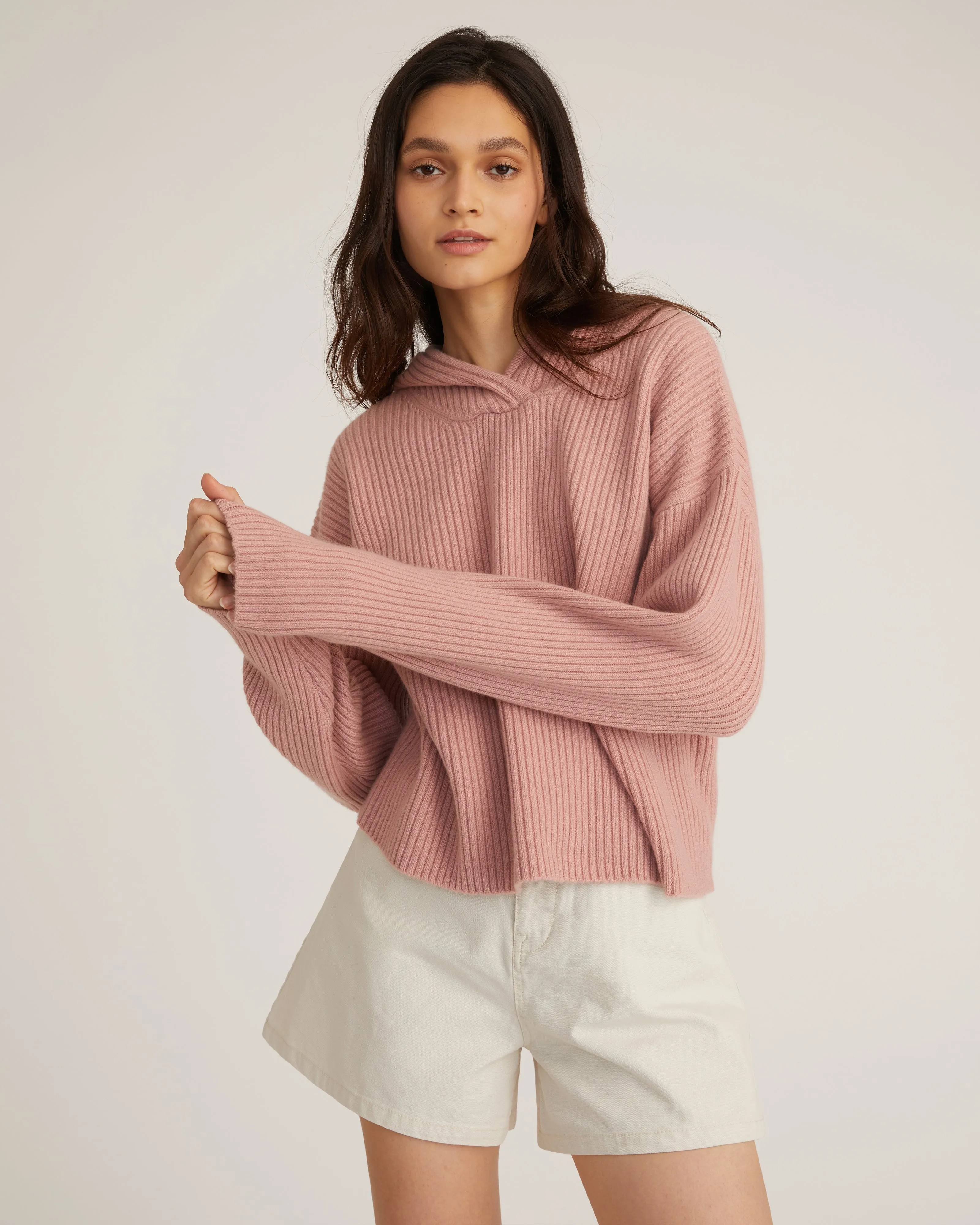 Arie Ribbed Cashmere Blend Drop Shoulder Hoodie