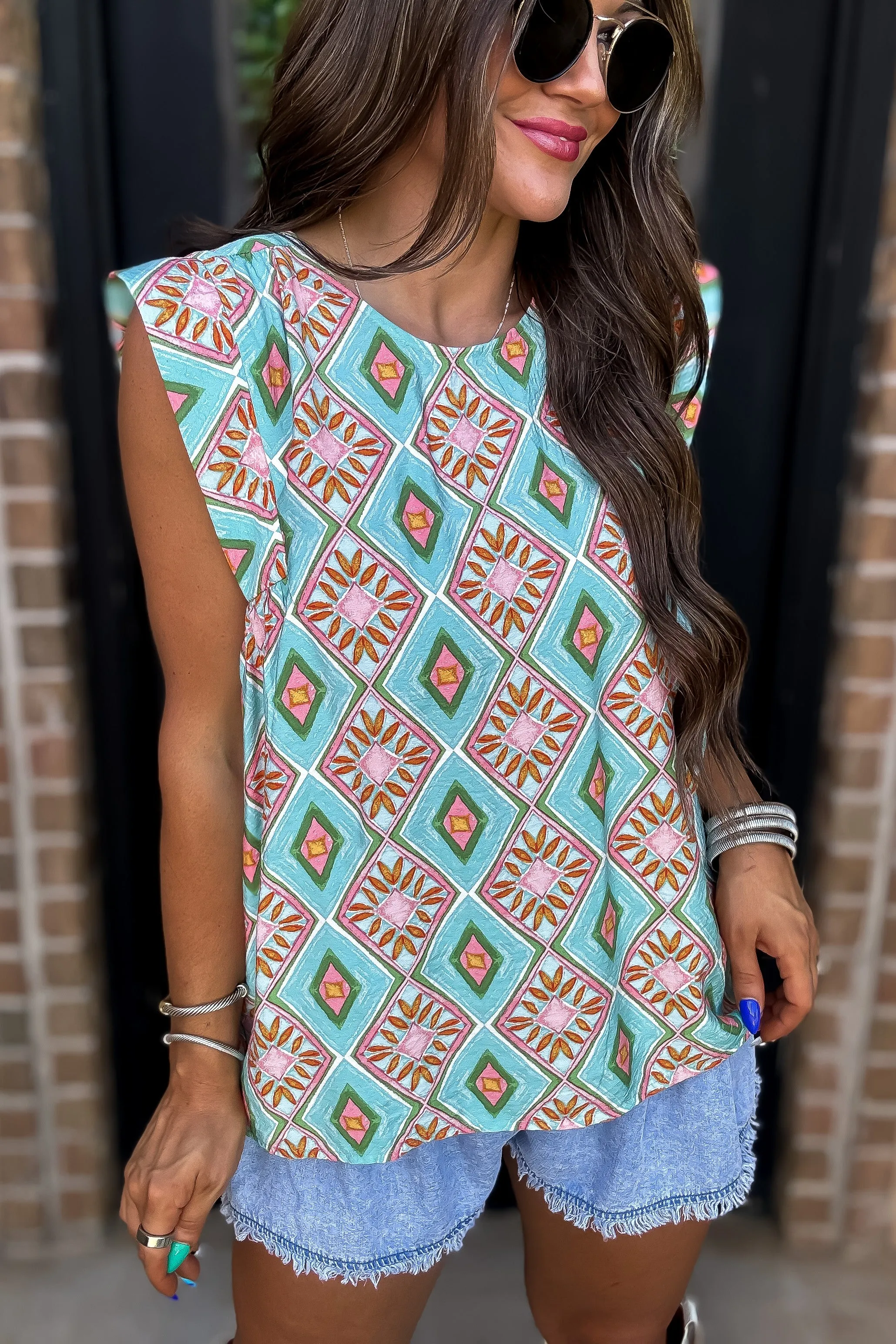 Banded Shoulder Printed Woven Top