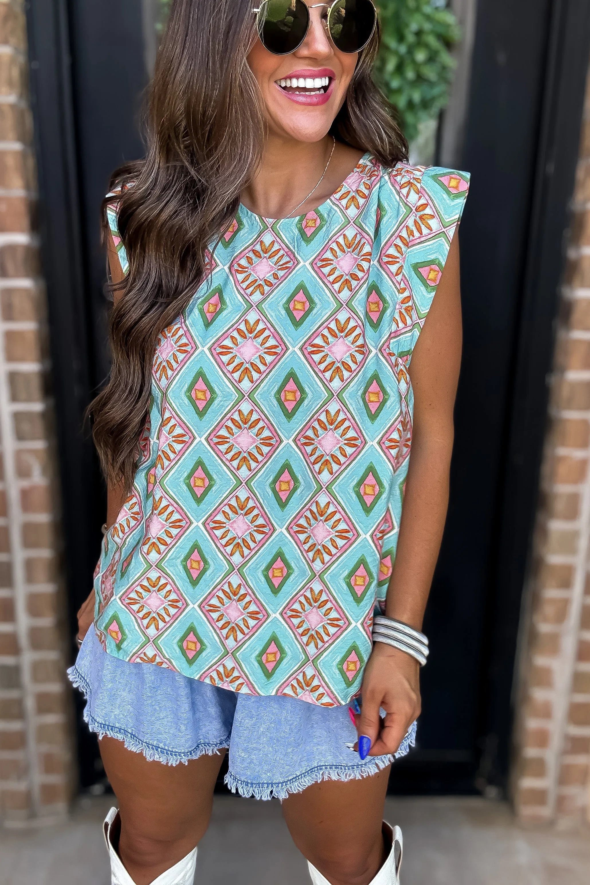 Banded Shoulder Printed Woven Top