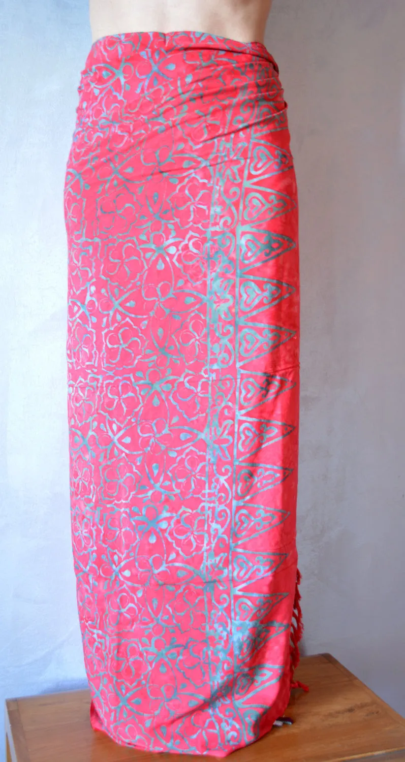 Beach Pareo Handmade Batik Pareo Red Sarong Cover Up Unisex Beach Clothing Sarong Wrap Skirt Rayon Viscosa Gift For Her Gonna Pareo Sciarpa