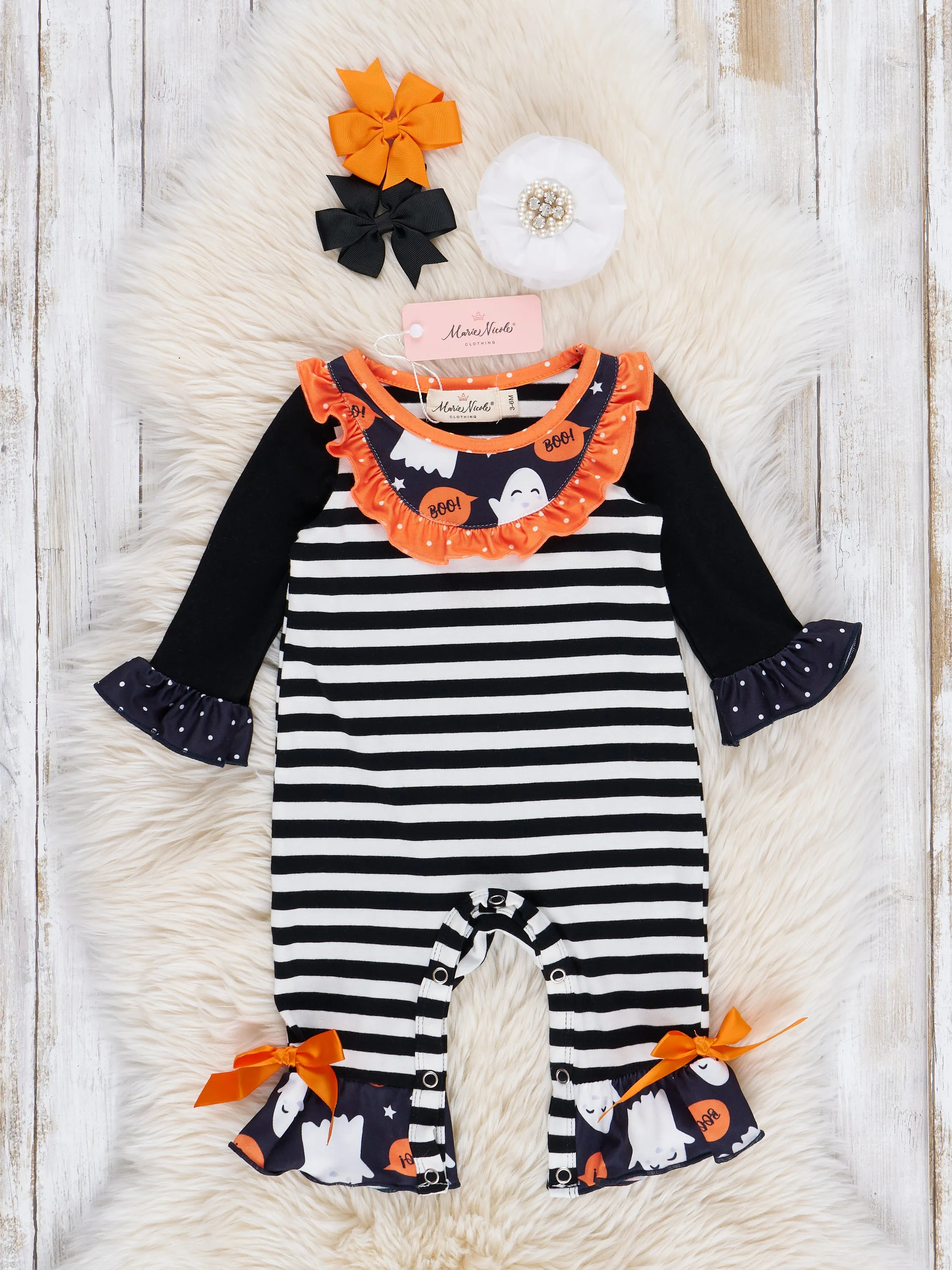 Black & White Stripe Ghostly Ruffle Romper