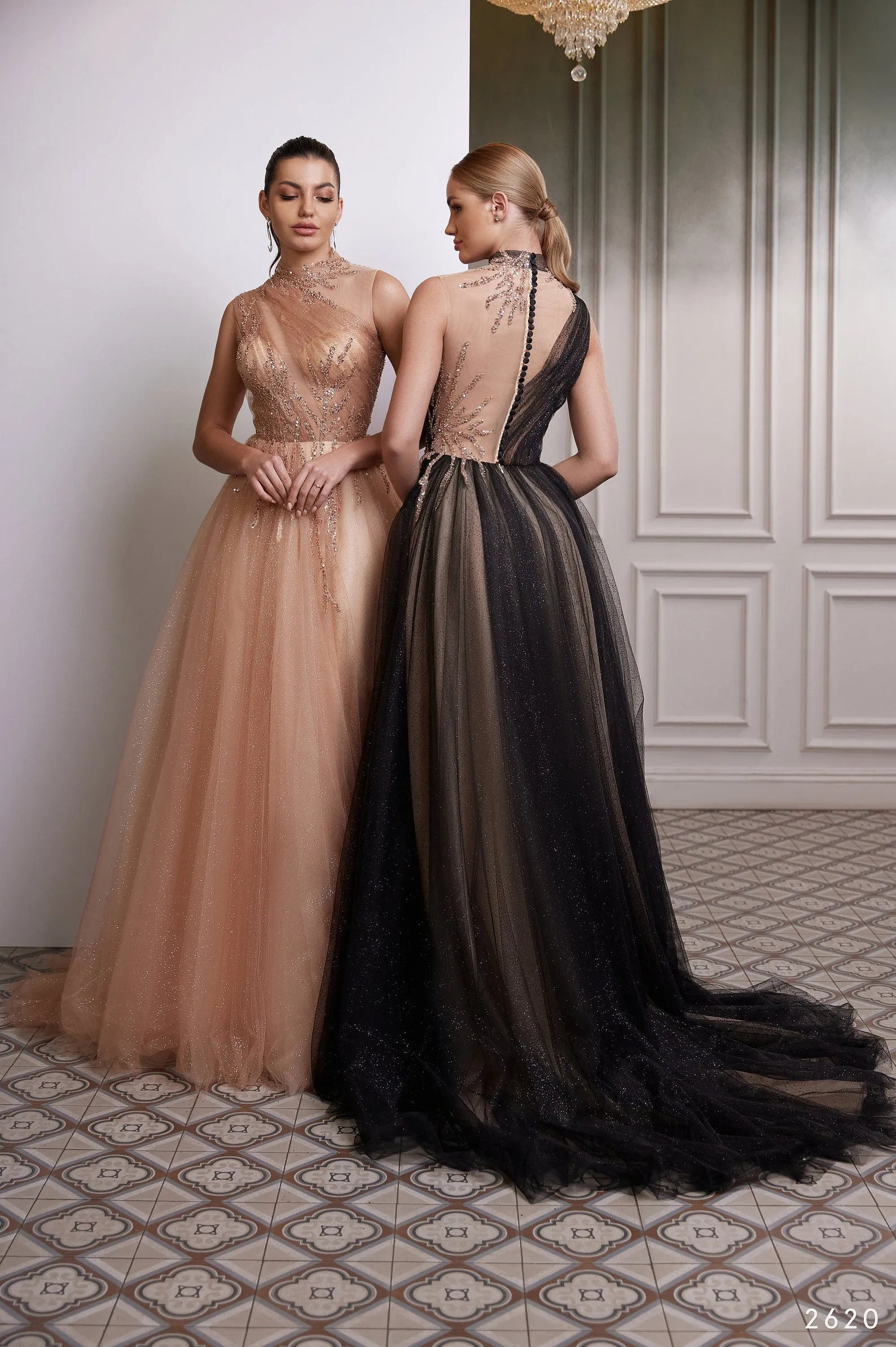 Black Embellished Tulle Gown with Golden Accents