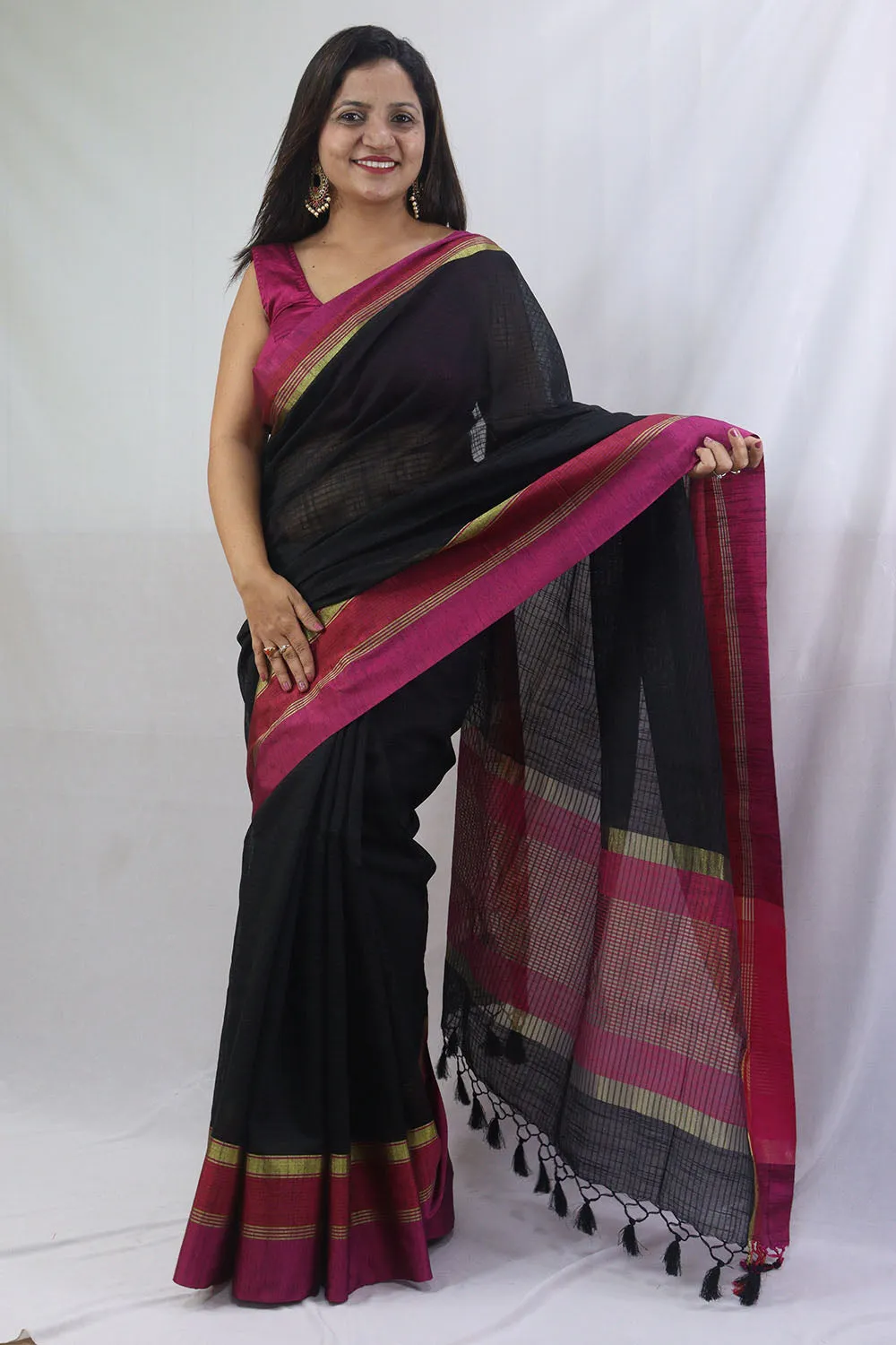 Black Handloom Banarasi Cotton Silk Saree - Elegant and Timeless