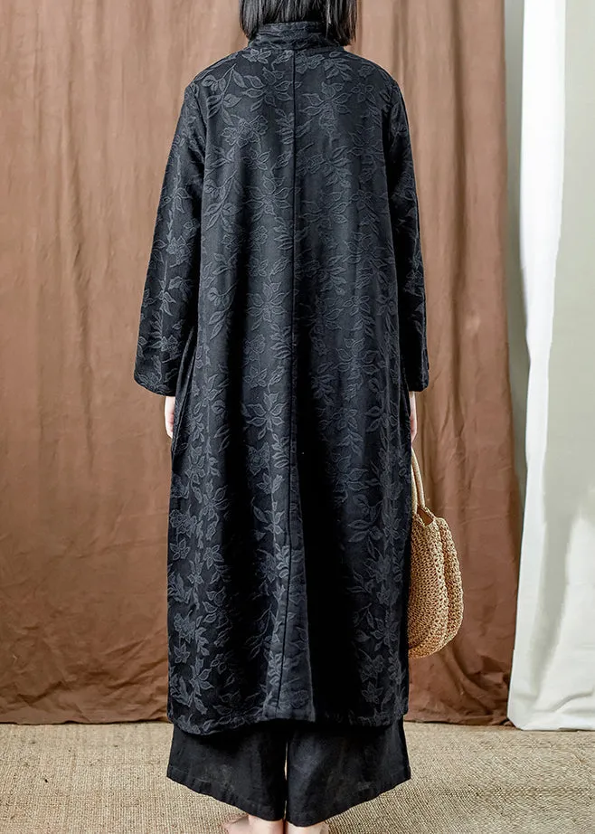 Black Pockets Cotton Long Dresses Stand Collar Fall MN064