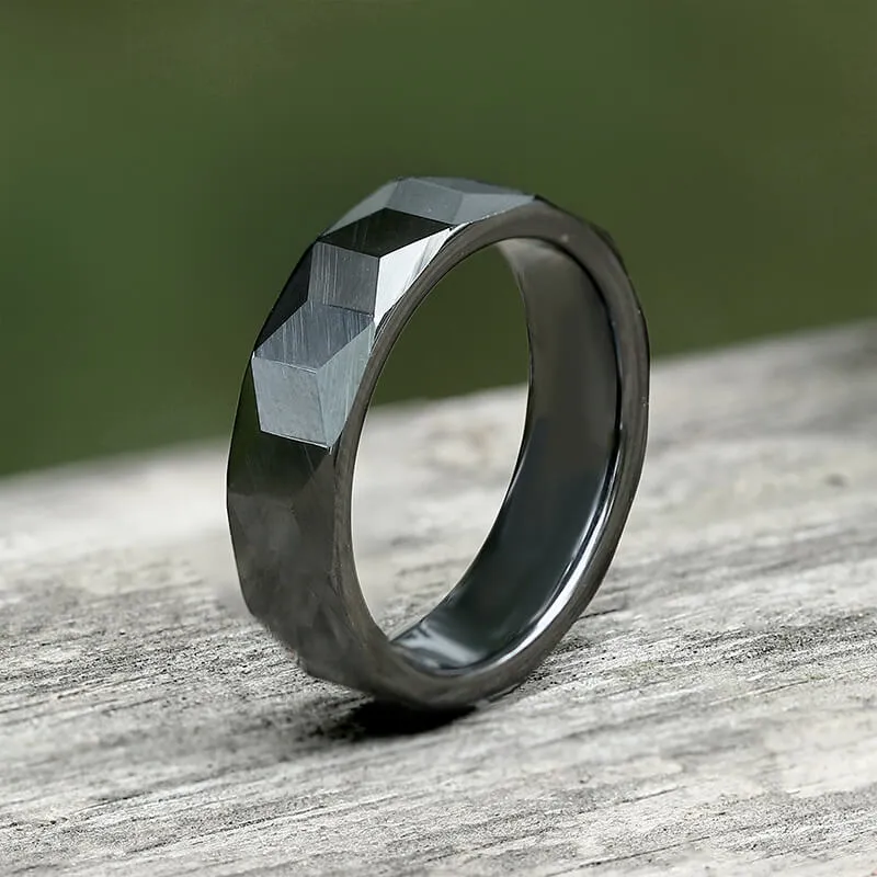 Black Polished Faceted Ceramic Band Ring