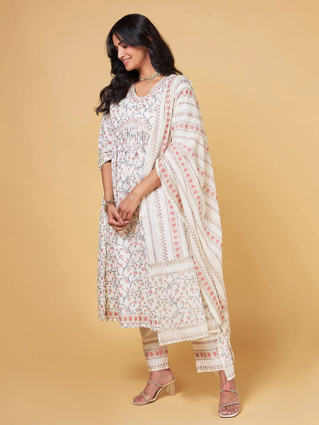 Blooming Melodies Cream Floral Printed Kurta Set