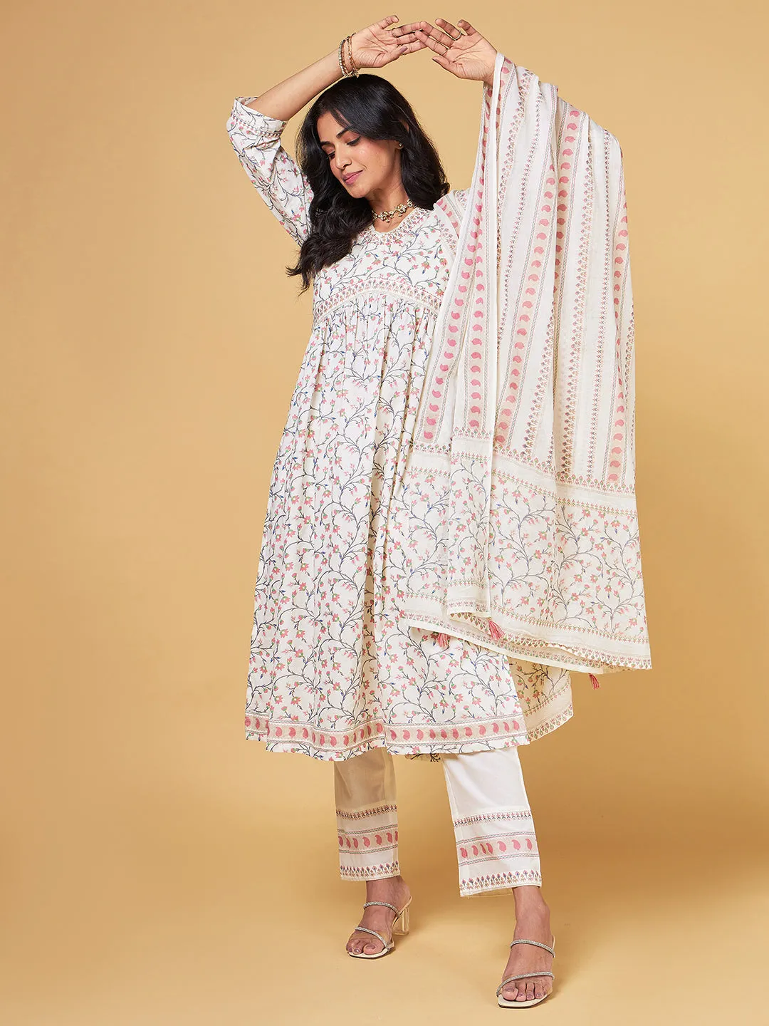 Blooming Melodies Cream Floral Printed Kurta Set