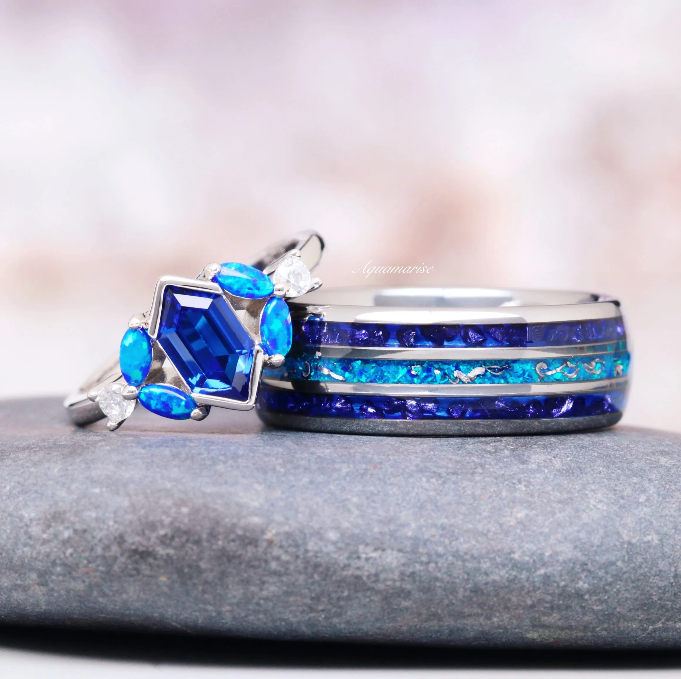 Blue Fire Opal & Sapphire Engagement Ring- Sterling Silver