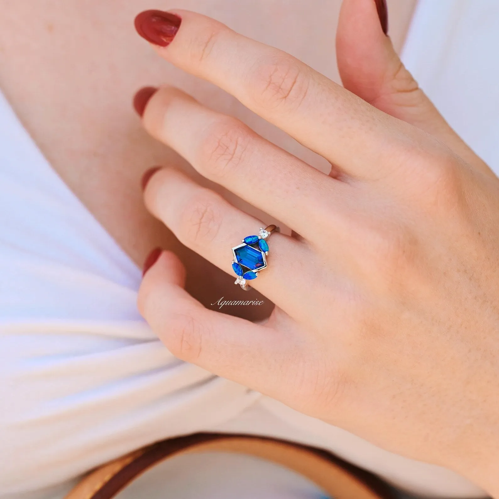 Blue Fire Opal & Sapphire Engagement Ring- Sterling Silver