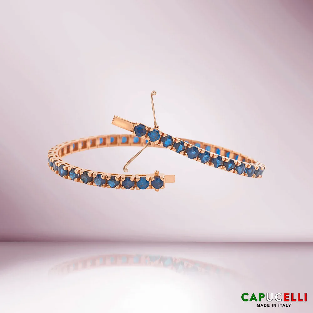 Blue Heat-Diffused Sapphire Tennis Bracelet (10.15 ct.) 4-Prongs Setting in 18K Gold, Made in Italy