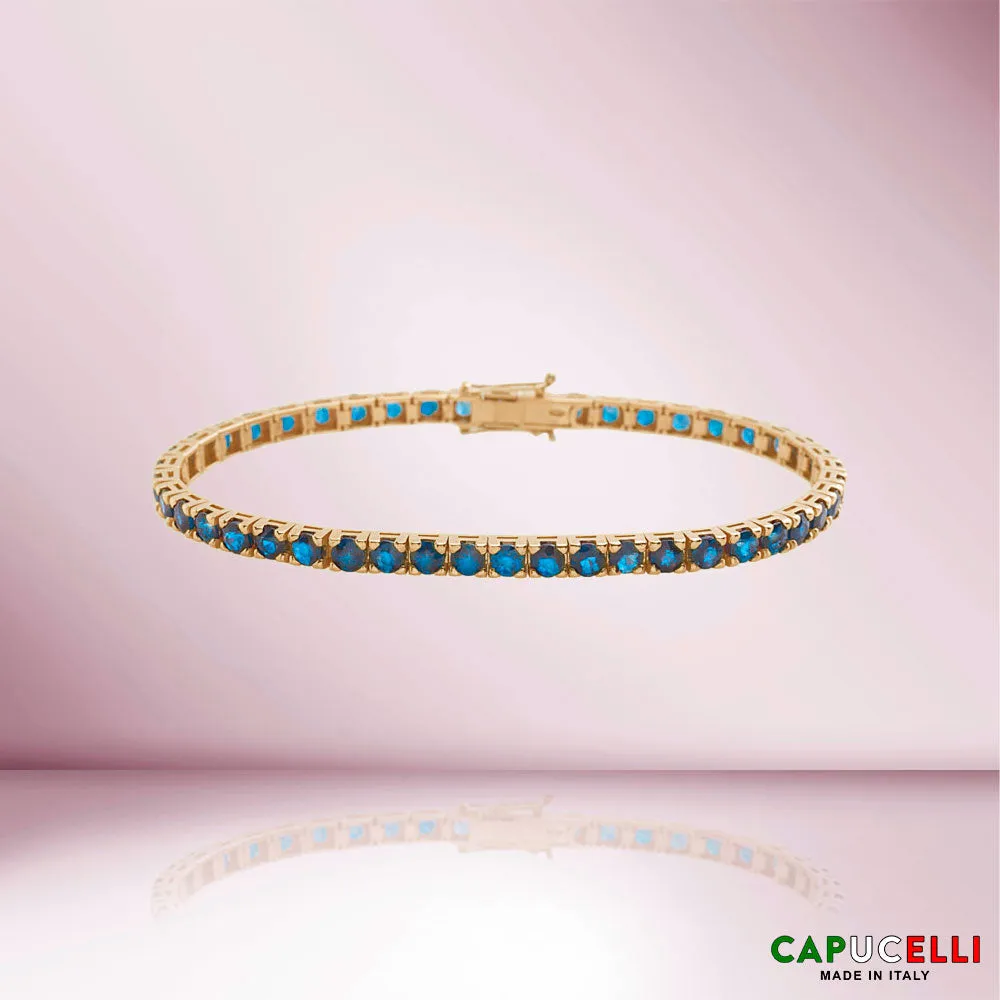 Blue Heat-Diffused Sapphire Tennis Bracelet (10.15 ct.) 4-Prongs Setting in 18K Gold, Made in Italy