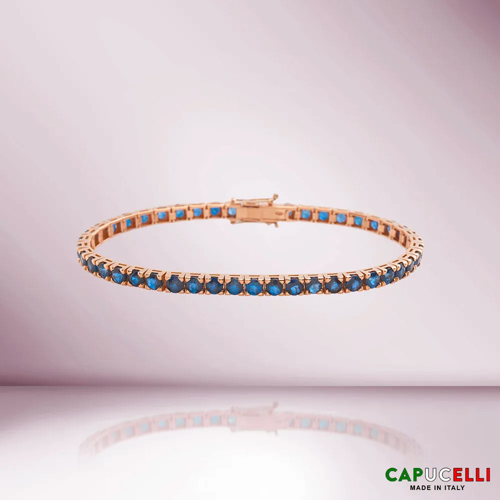 Blue Heat-Diffused Sapphire Tennis Bracelet (10.15 ct.) 4-Prongs Setting in 18K Gold, Made in Italy