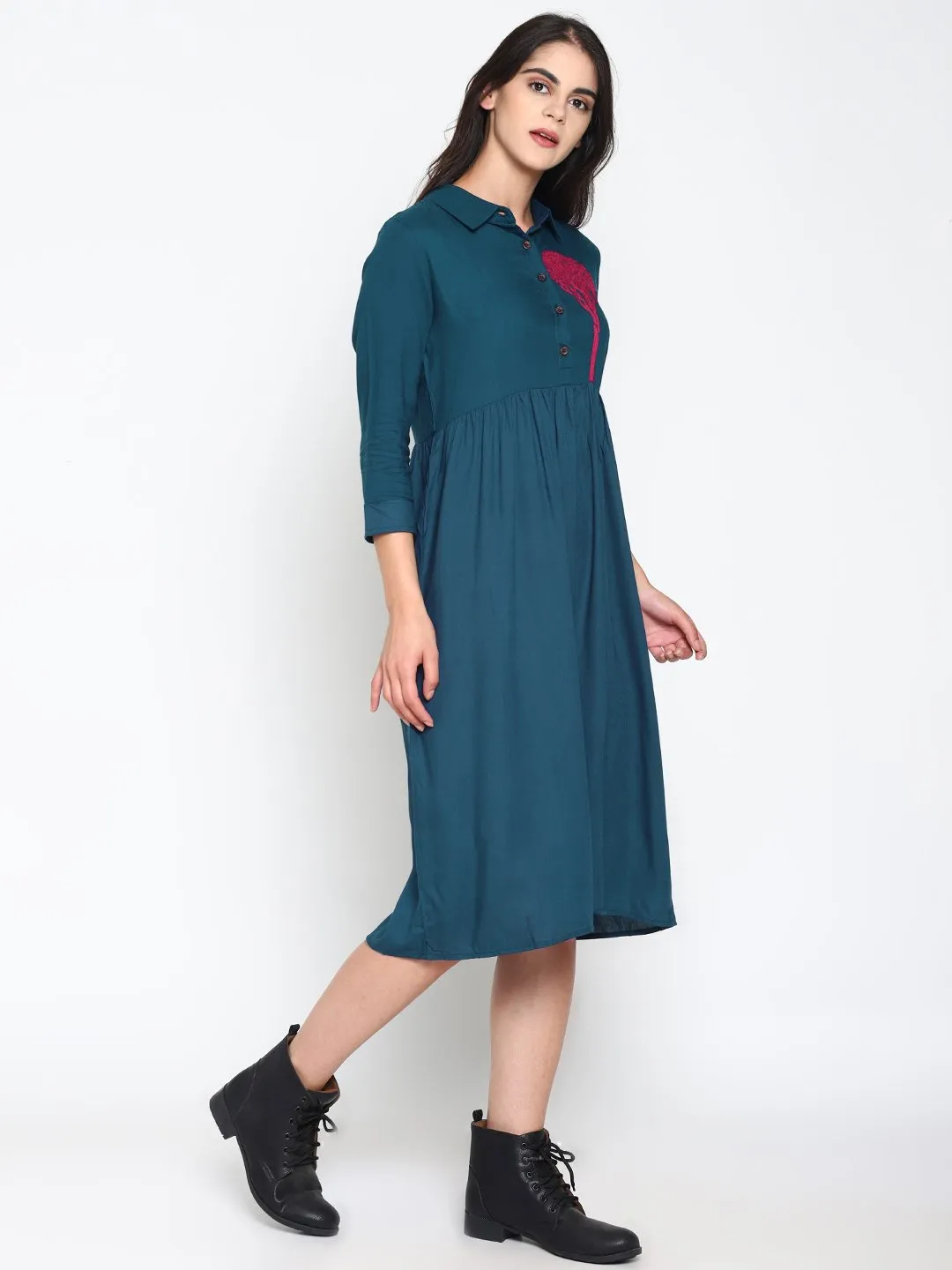 Blue Shirt Dress With Embroidered Tree Motif