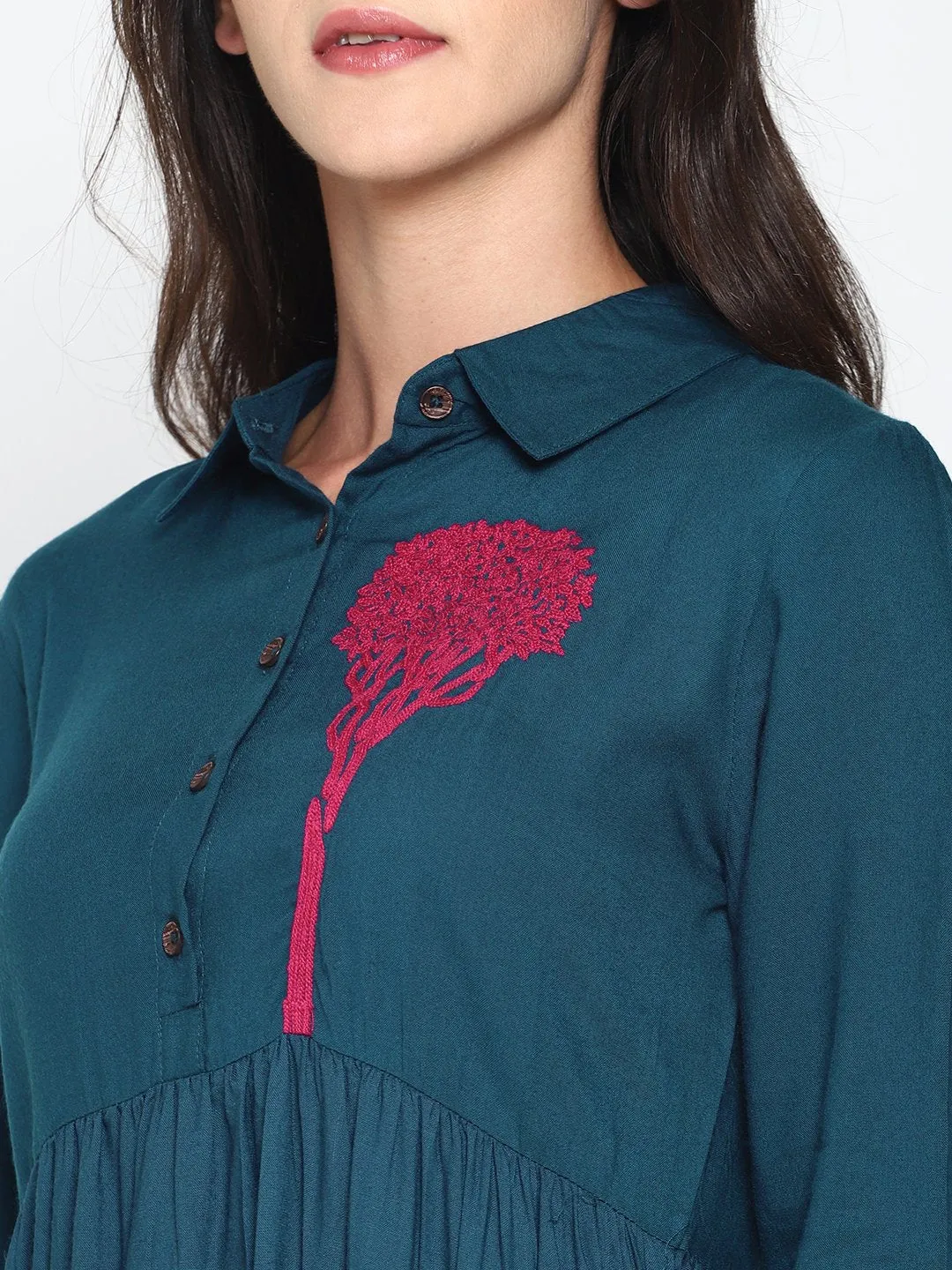 Blue Shirt Dress With Embroidered Tree Motif