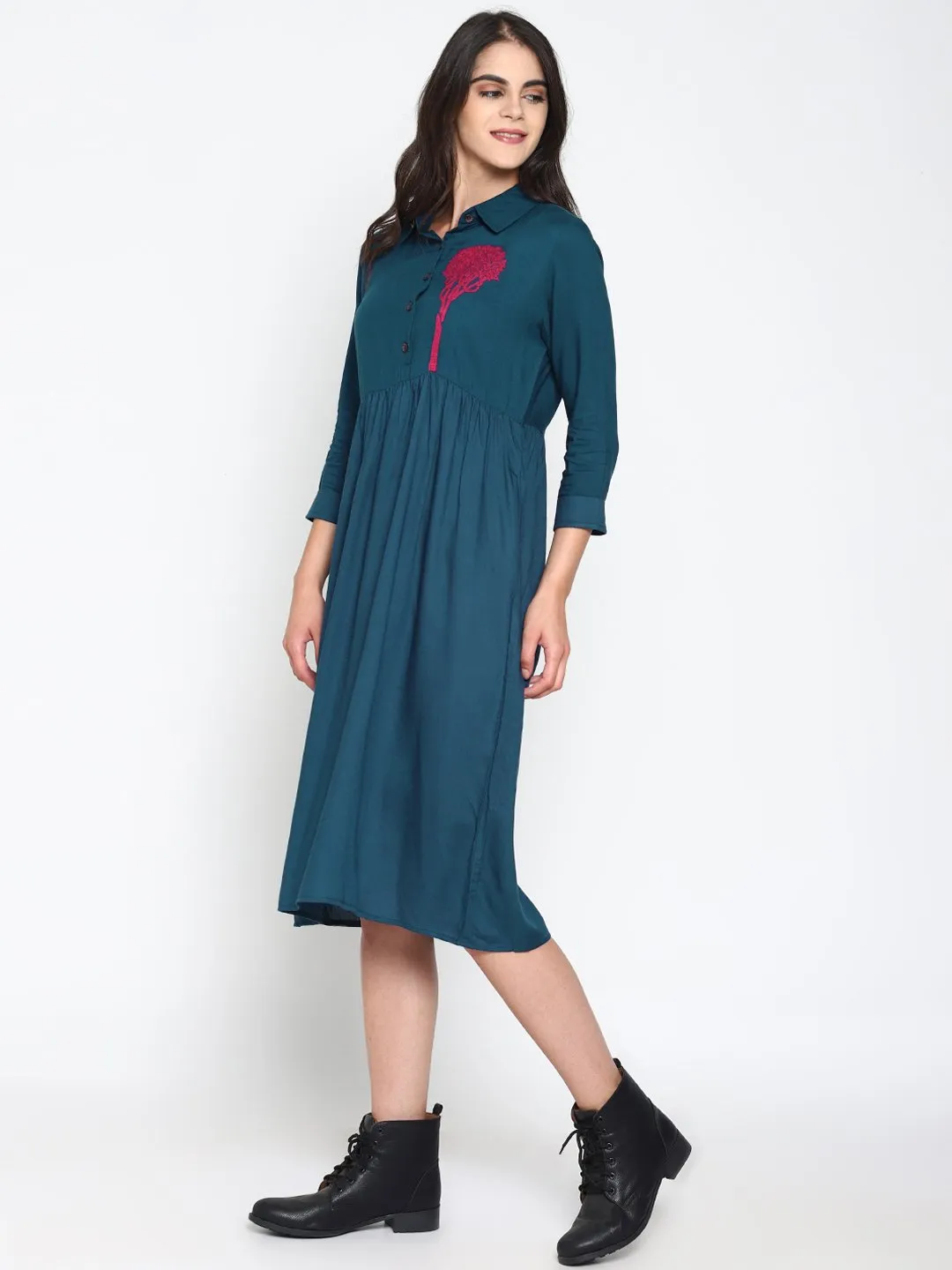 Blue Shirt Dress With Embroidered Tree Motif