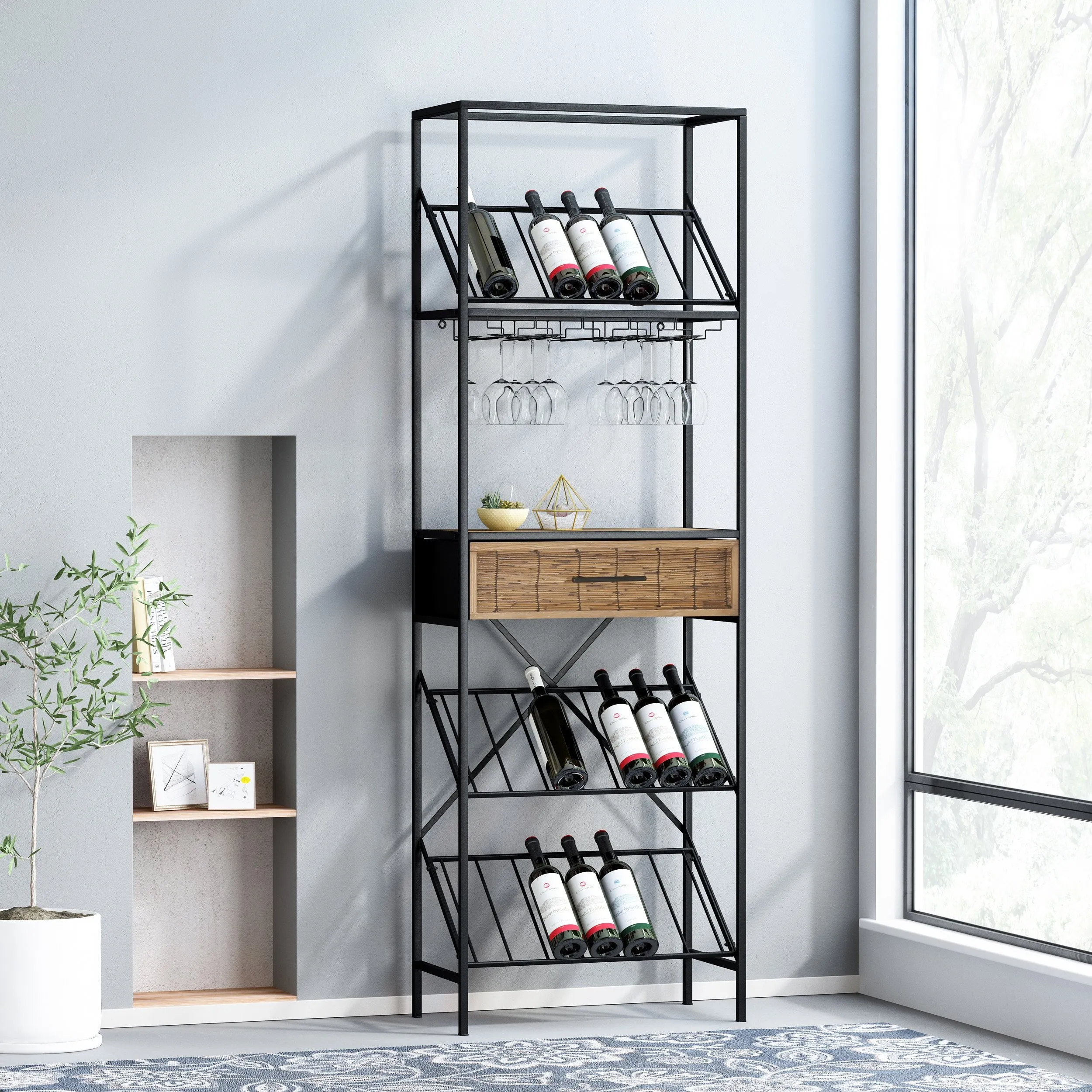 Boho Industrial 21 Bottle Floor Wine Rack with Storage, Natural and Black - NH900513