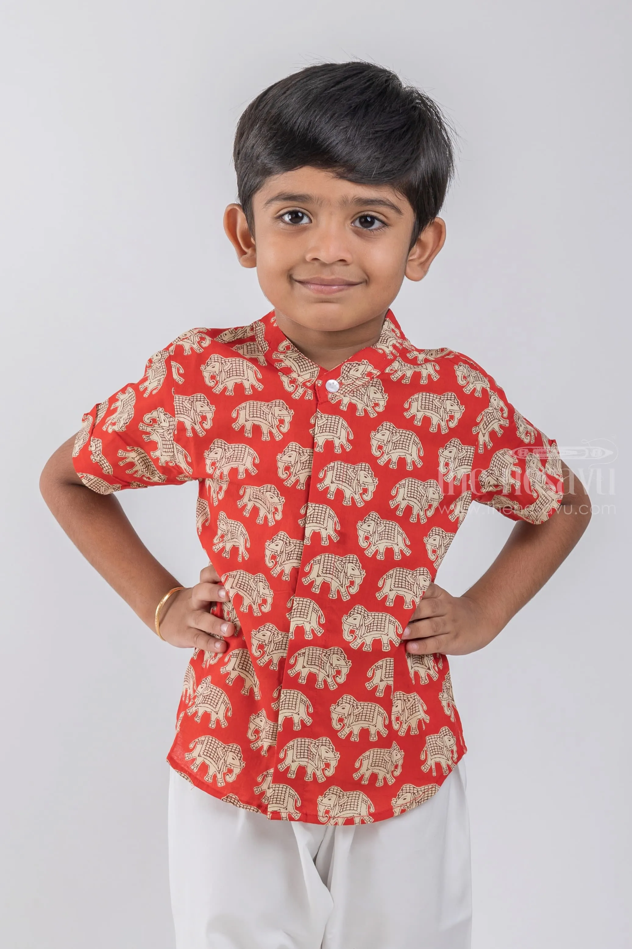 Boys Madhubani Elephant Printed Red Cotton Shirt by The Nesavu