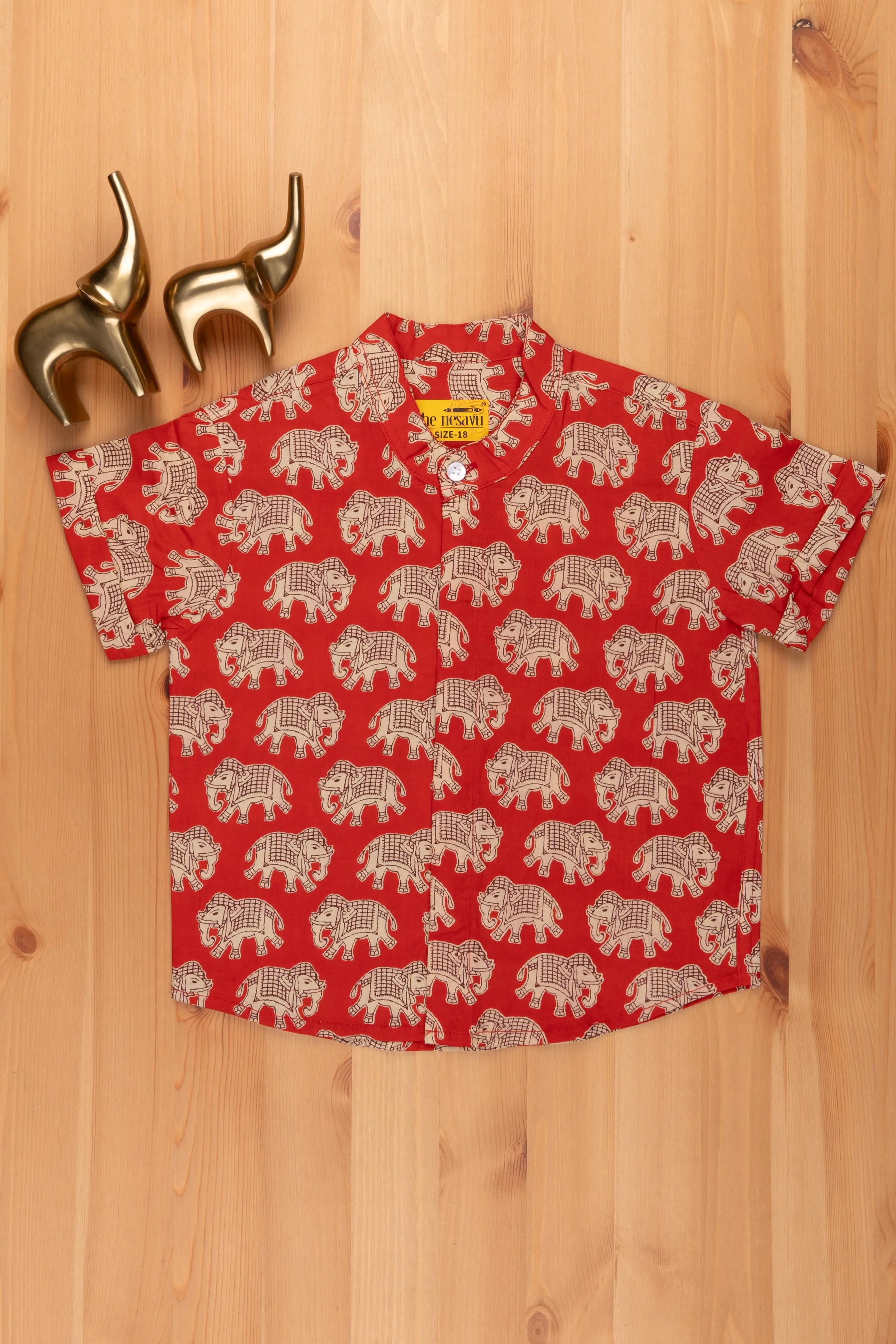 Boys Madhubani Elephant Printed Red Cotton Shirt by The Nesavu