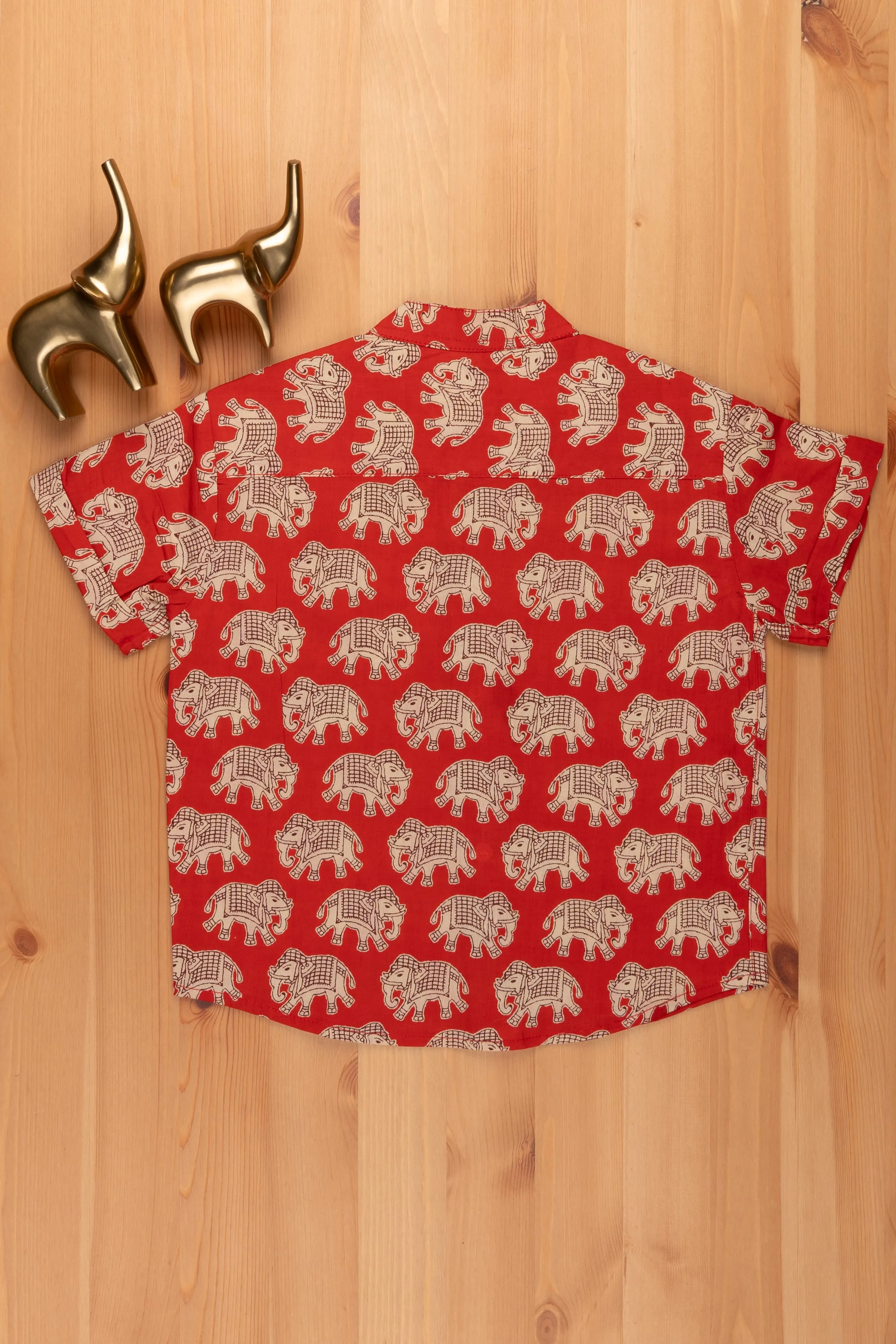 Boys Madhubani Elephant Printed Red Cotton Shirt by The Nesavu