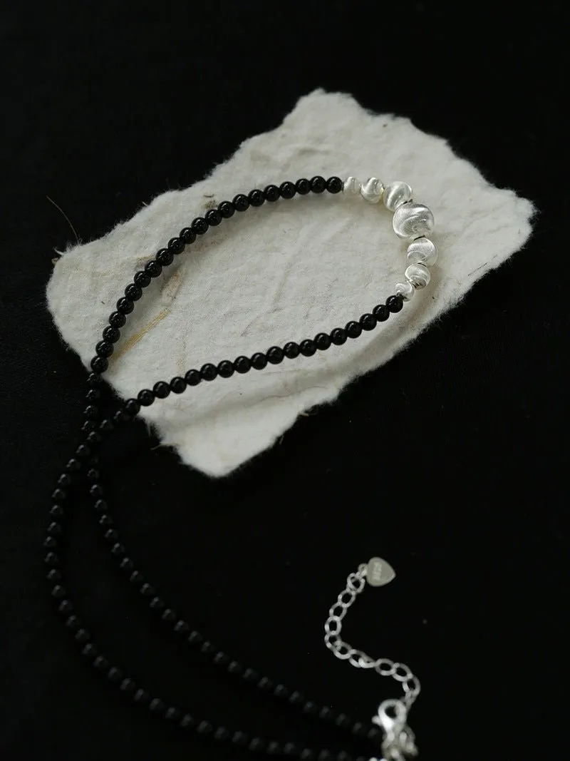 Brushed Silver and Black Onyx Beaded Necklace