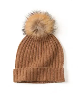 Cashmere Ribbed Beanie with Eco PomPom Mont Blanc Caramel