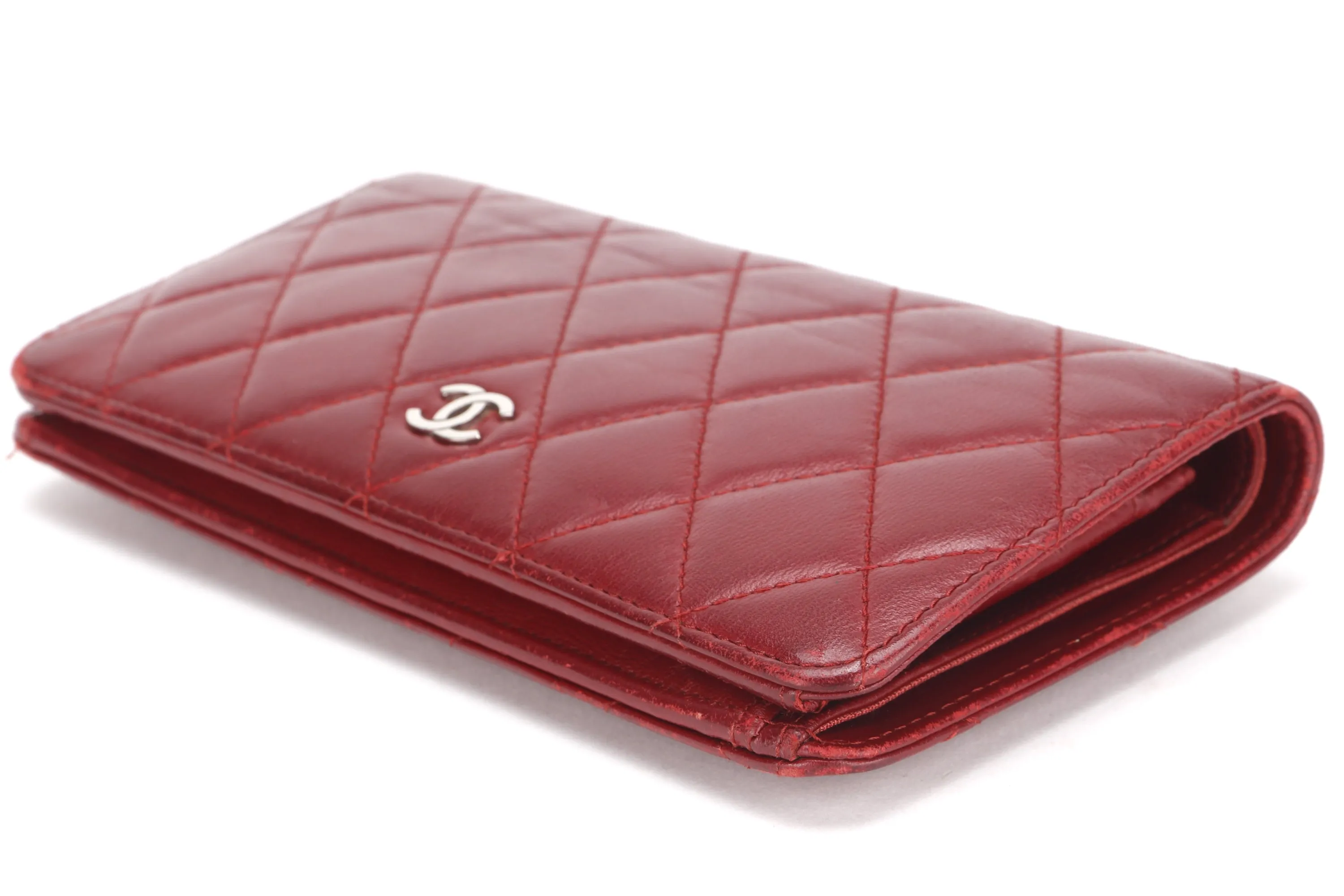 CHANEL BIFOLD WALLET (1679xxxx) RED LAMBSKIN SILVER HARDWARE, WITH CARD & BOX