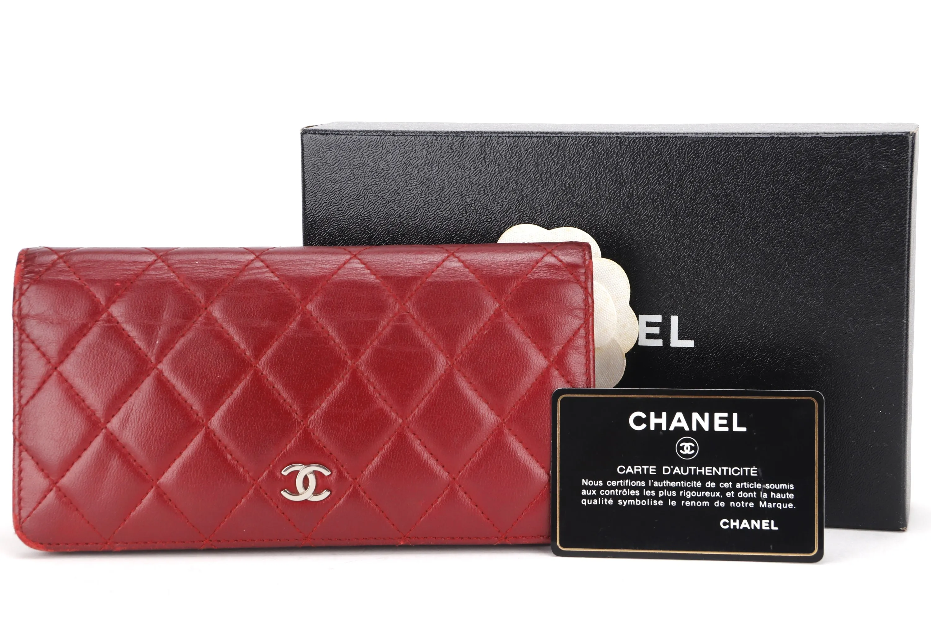 CHANEL BIFOLD WALLET (1679xxxx) RED LAMBSKIN SILVER HARDWARE, WITH CARD & BOX