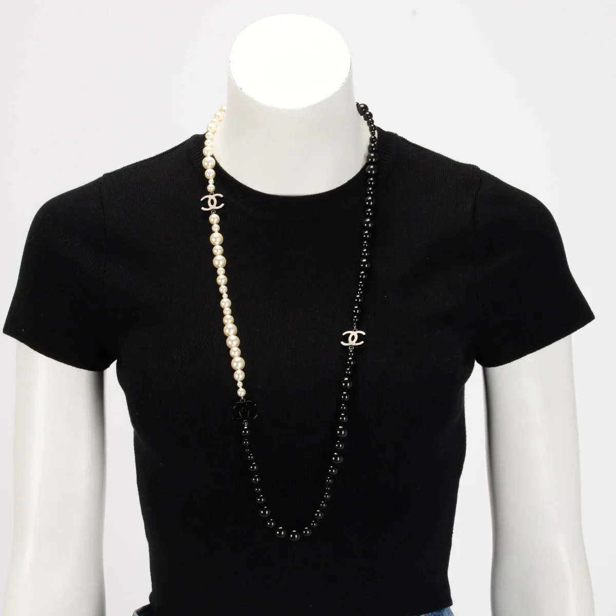 Chanel Black & White Pearl CC Long Necklace