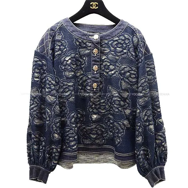 CHANEL Blouson Camellia Pattern 38/40 Indigo Blue Paper 55%/Cotton 33%/Nylon 12% P58977[EXCELLENT][Authentic]