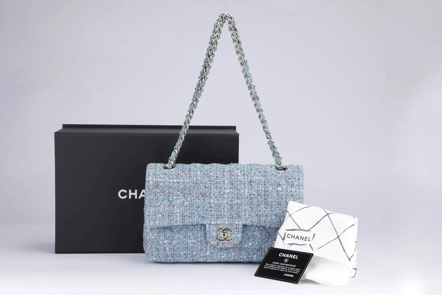 Chanel Classic Flap Tweed  (3102xxxx), Medium Size, Blue Tweed with Champagne Gold Hardware, with Card, Dust Cover & Box