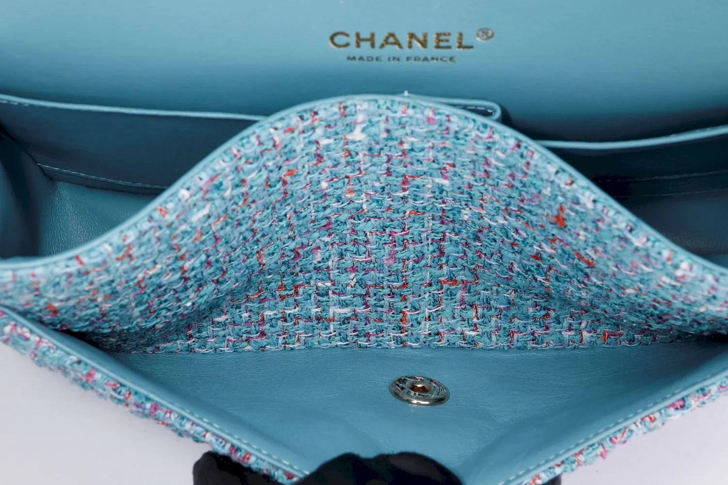 Chanel Classic Flap Tweed  (3102xxxx), Medium Size, Blue Tweed with Champagne Gold Hardware, with Card, Dust Cover & Box