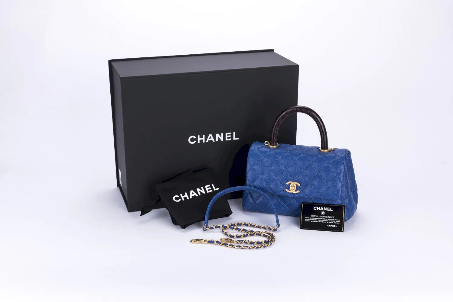 Chanel Mini Coco Handle Blue Color with Card, Strap, Dust Cover & Box