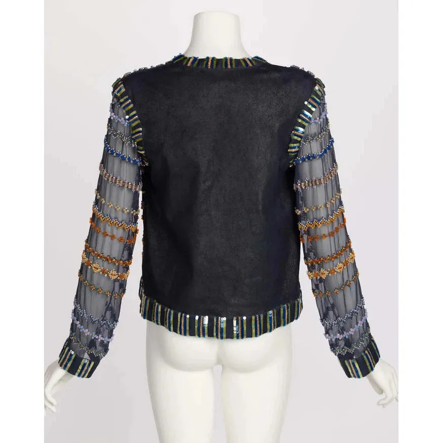 Chanel Métiers D’art 2013 Beaded Sheer Silk & Leather Deep V Top | FR 38