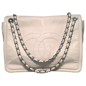 Chanel White Leather Quilted CC logo XL Maxi Classic Top Flap Shoulder Bag