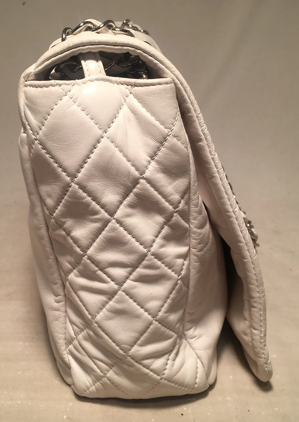 Chanel White Leather Quilted CC logo XL Maxi Classic Top Flap Shoulder Bag