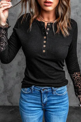 Chic Black Crochet Lace Hem Sleeve Button Top