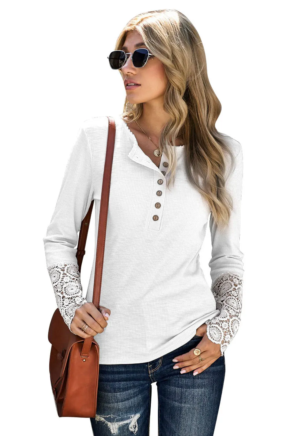 Chic White Crochet Lace Hem Sleeve Button Top