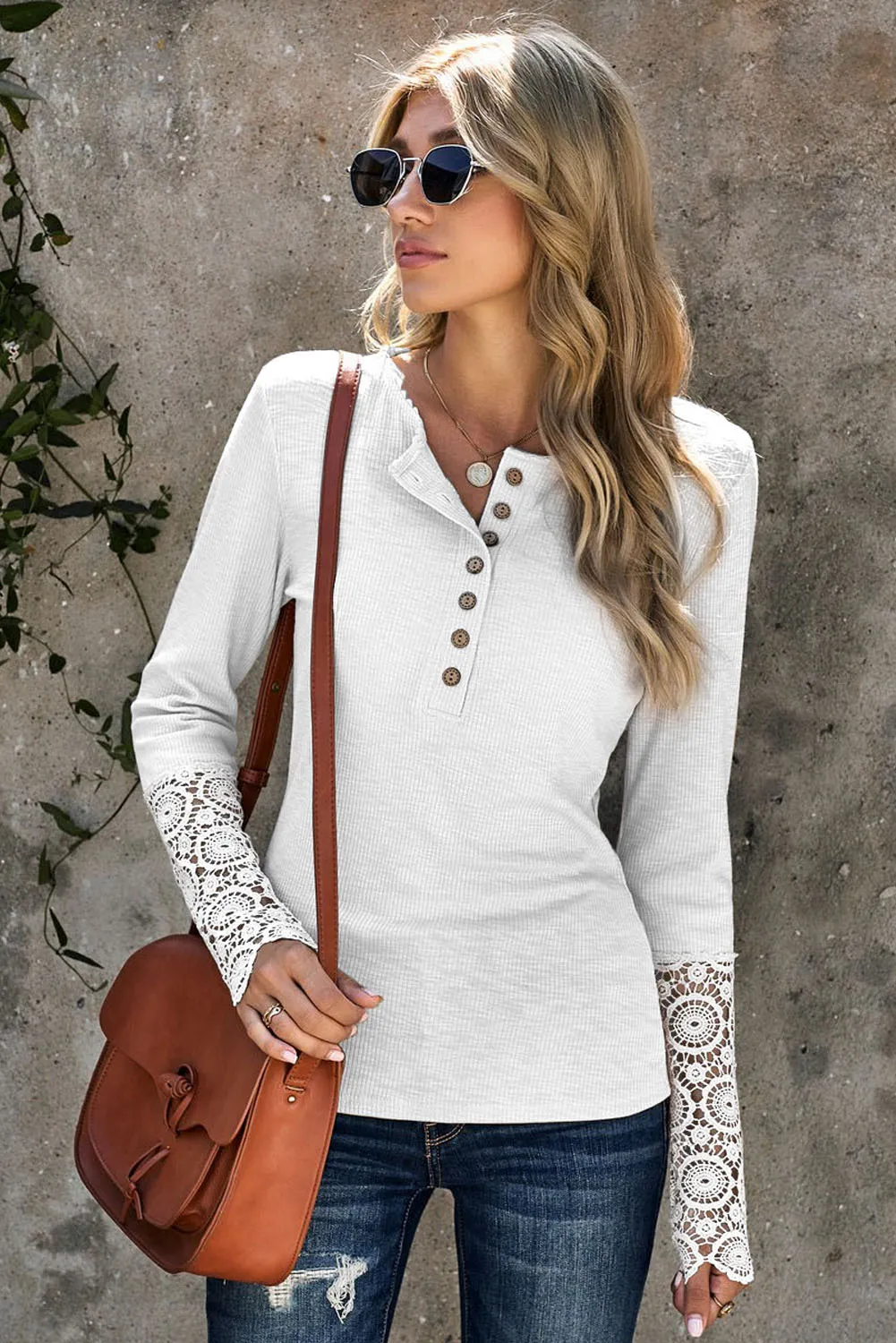 Chic White Crochet Lace Hem Sleeve Button Top