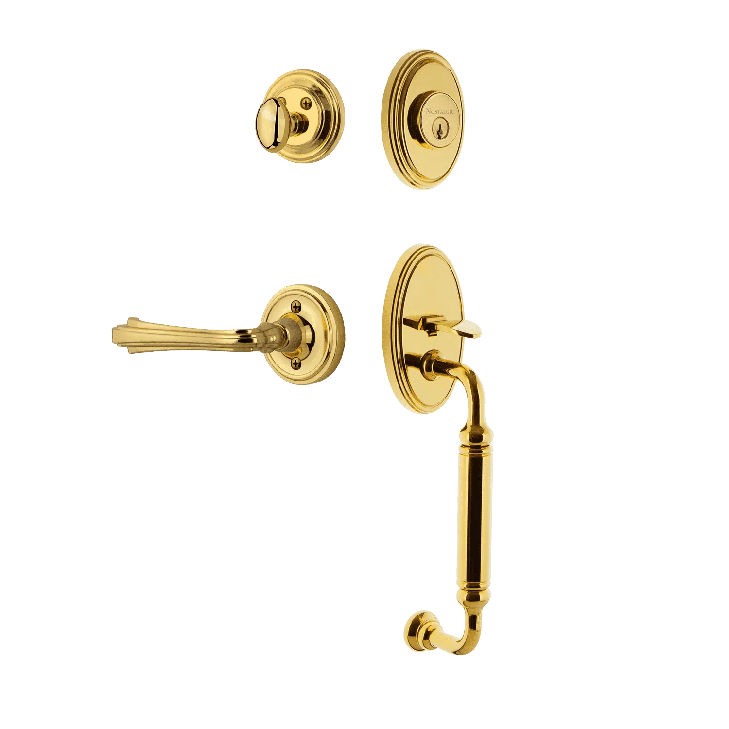 Classic Handleset with C-Grip and Classic Rosette with Fleur Lever in Polished Brass