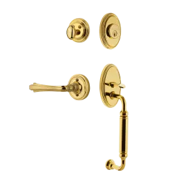 Classic Handleset with C-Grip and Classic Rosette with Fleur Lever in Polished Brass